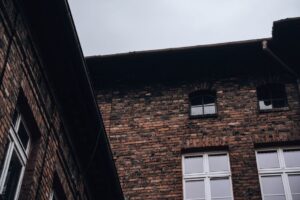 Rain gutter along the edge of a residential roofline